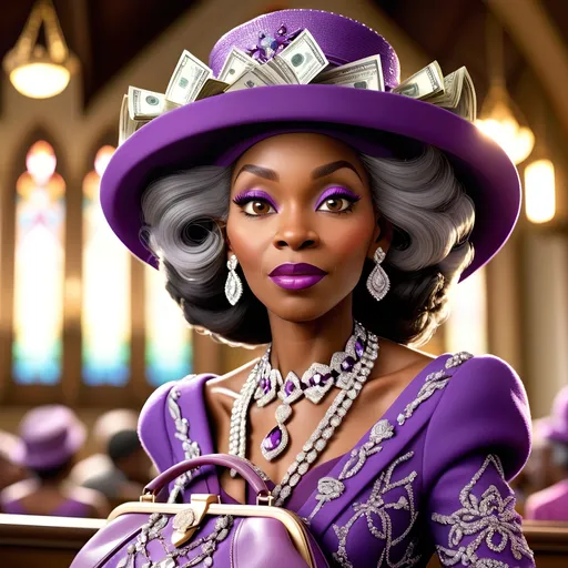 Prompt: Close-up, elderly black woman in church, detailed diamond accessories, purple hat and outfit, diamond-encrusted purse, overflowing with 100 dollar bills, high quality, detailed facial features, church setting, elegant lighting, rich color tones