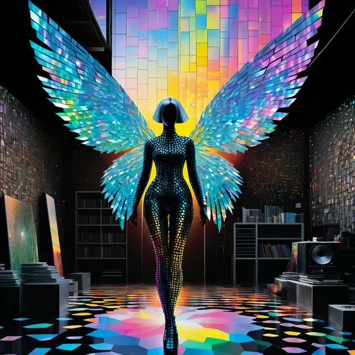 Prompt: A majestic lady, her form ingeniously crafted from a myriad of shattered CDs, standing amidst a garage sale in a prism-punk utopia. This ethereal figure, a mosaic of reflective fragments, exudes an aura of serene omnipotence. The CDs, once symbols of a technological past, now repurposed, give her a radiant, holographic appearance. The surrounding environment is a fusion of vivid colors and geometric shapes, embodying the quintessence of prism-punk aesthetics. Imagine a time-lapse effect at play, where the world around her moves in accelerated motion: people perusing the garage sale blur into swift, fluid movements while she remains a tranquil, unchanging beacon amidst the hustle. Sunlight catches on her fragmented form, casting kaleidoscopic patterns that dance across the utopian landscape. This scene encapsulates ultimate serenity within a dynamic, ever-changing world, symbolizing the timeless grace amidst the relentless passage of time. 