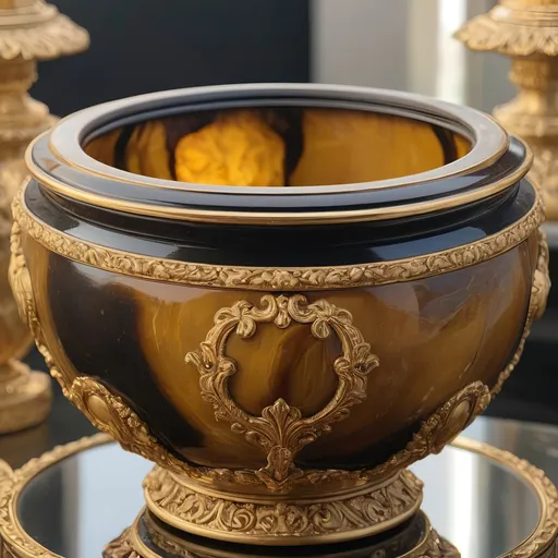 Prompt: Tigers eye in onyx and gold pot, luxurious and ornate, high quality, detailed, realistic, warm lighting, professional, elegant, precious materials, intricate details, rich color contrast, ornate design, polished surfaces, stunning reflections, opulent, exotic, gemstone, onyx and gold, warm tones, luxurious atmosphere
