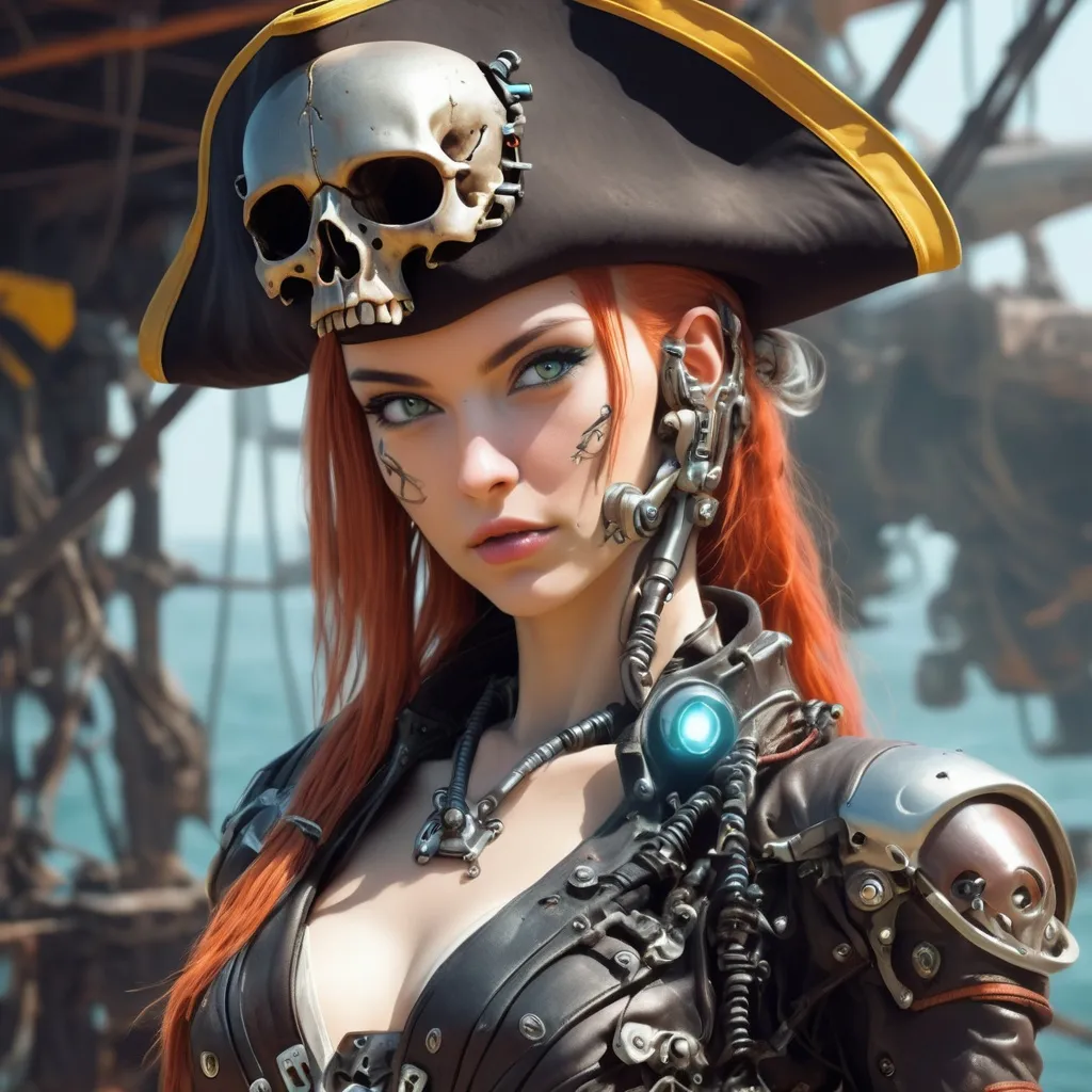 Prompt: Beautiful cybernetic female pirate.