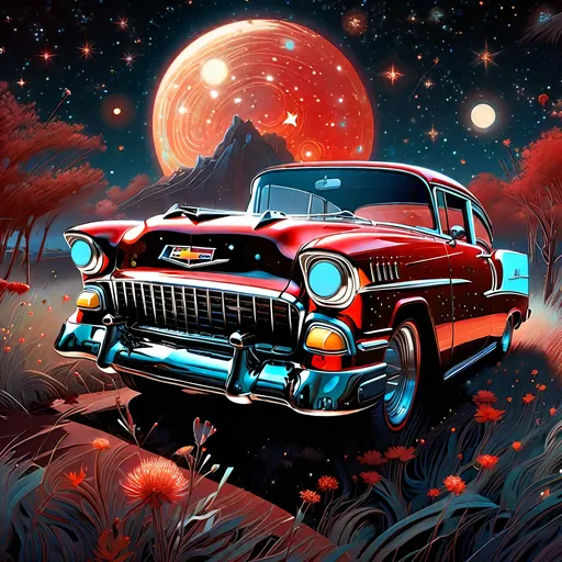 Prompt: a beautiful red 55 chevy, starry sky, highly detailed, intricate motifs, organic tracery, perfect composition, digital painting, artstation, concept art, smooth, sharp focus, illustration, Carne Griffiths,  Victo ngai, Jean Baptiste Monge, shiny aura, old but robust, bright but deep 