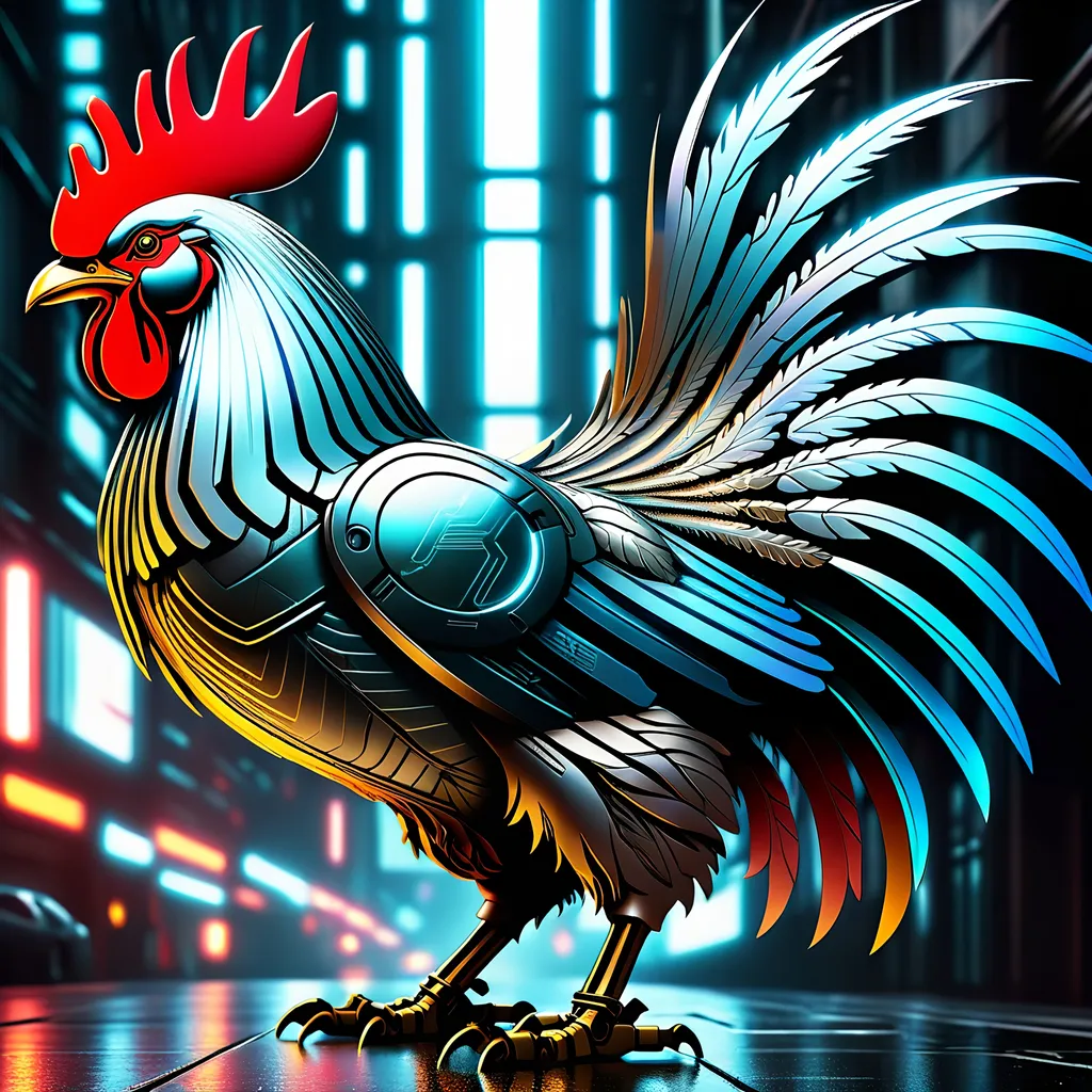 Prompt: Futuristic sci-fi illustration of a metallic rooster mech, sleek design, detailed metal textures, high-tech enhancements, intense and focused gaze, cool-toned lighting, urban cyberpunk setting, best quality, highres, ultra-detailed, sci-fi, futuristic, metallic, sleek design, detailed textures, intense gaze, cool-toned lighting, cyberpunk