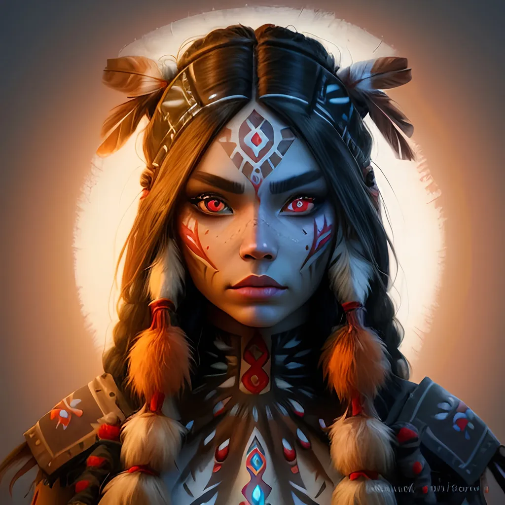 Prompt: anthropomorphized "Native American", wearing an outfit inspired by "World of Warcraft", she is making eye contact, she has red eyes, full body, detailed symmetrical face, detailed real skin textures, highly detailed, digital painting ,add white glow, HD quality, 