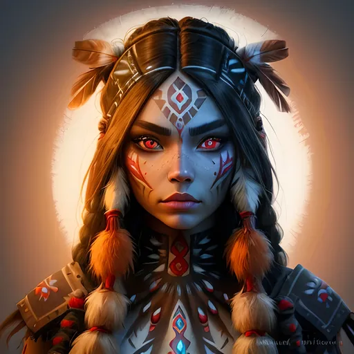 Prompt: anthropomorphized "Native American", wearing an outfit inspired by "World of Warcraft", she is making eye contact, she has red eyes, full body, detailed symmetrical face, detailed real skin textures, highly detailed, digital painting ,add white glow, HD quality, 