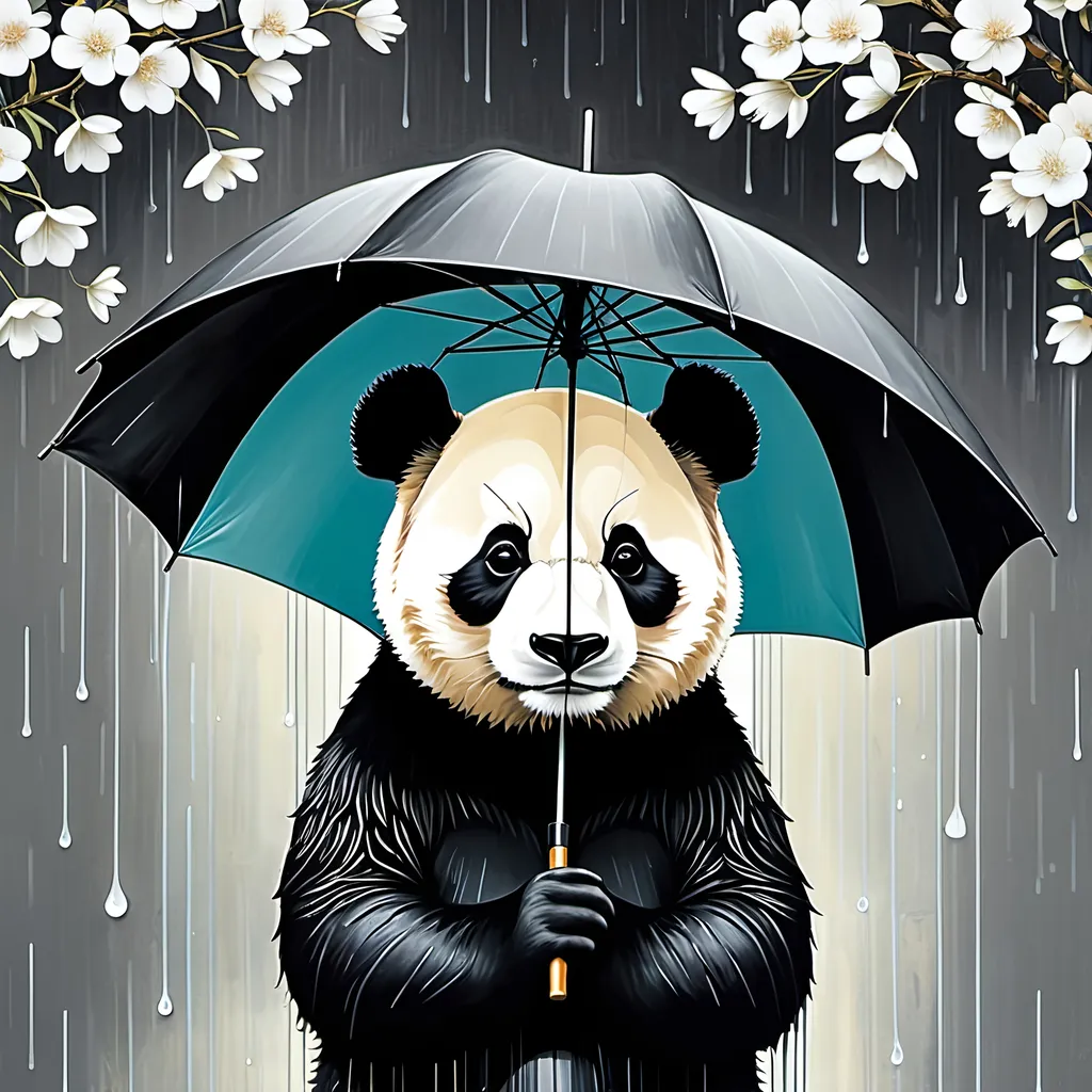 Prompt: illustration of a panda holding an umbrella, in the style of surrealist-inspired works, gothic neo-pop surrealism, Hayv Kahraman, Anselm Kiefer, Jamie Heiden, Lotta Jansdotter, dark white and black, rain, metropolis with flowers background , jewelry by painters and sculptors, vienna secession, elegant, emotive faces, bubble goth, subtle playfulness