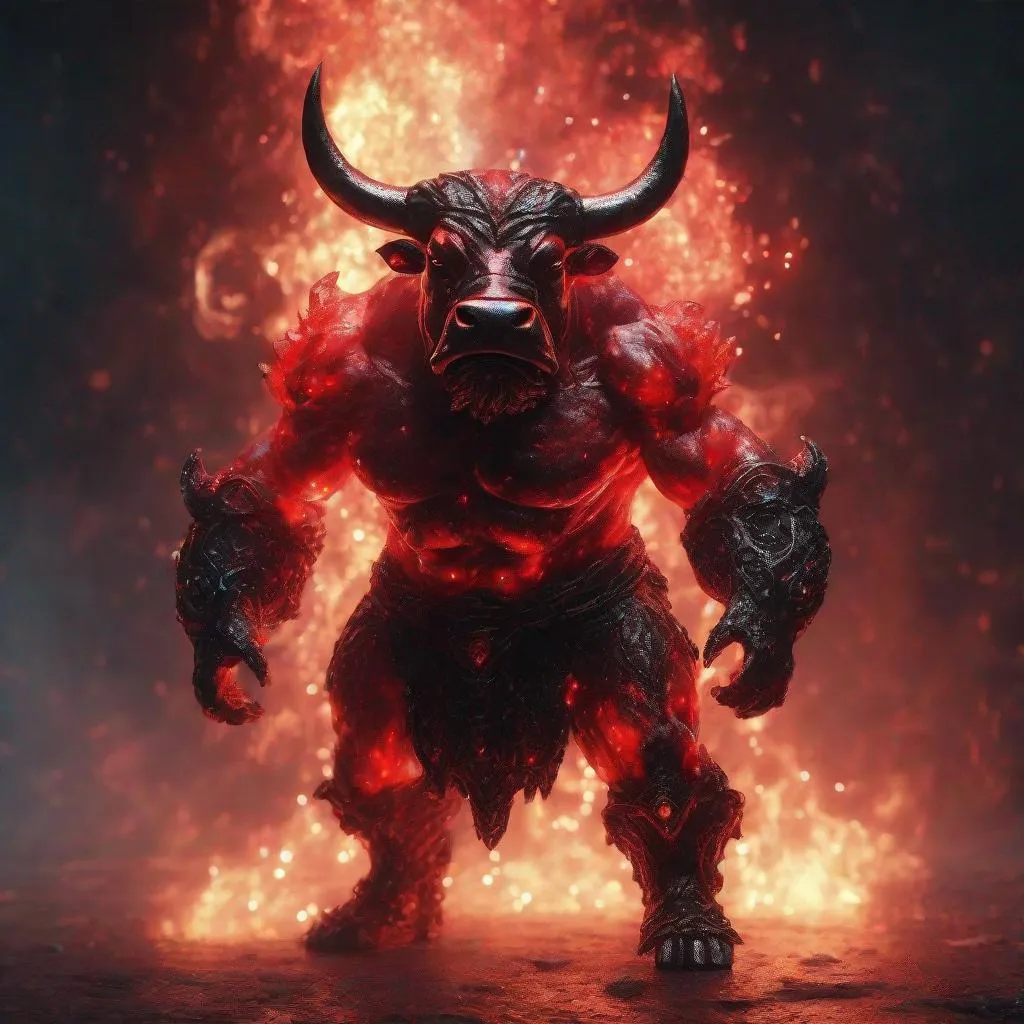 Prompt: A red and black translucent dwarf bull humanoid made of the element fire in hell, highly detailed painting, photorealistic, sparkles, magical atmosphere, 8k