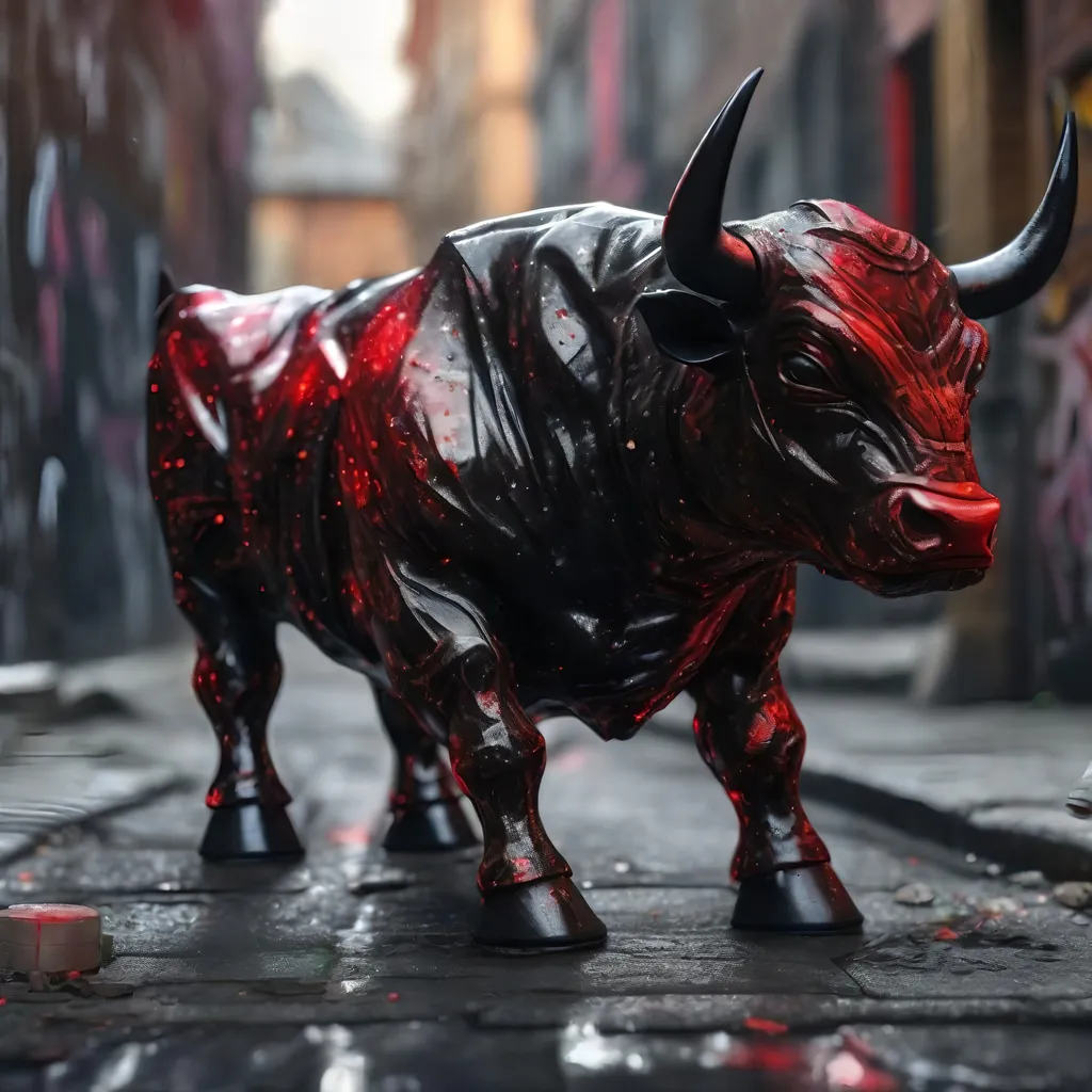 Prompt: A black and red translucent small dwarf bull humanoid made of black carbon fiber, graffiti all over it, standing up in the ghetto, highly detailed painting, photorealistic, sparkles, magical atmosphere, 8k