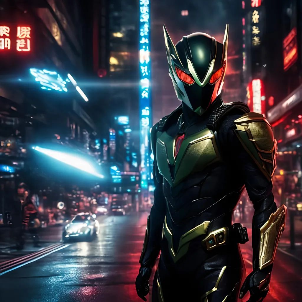 Prompt: Ultra Realistic, kamen rider, Intriguing complex multiple characters in a [machinecore] movie scene still, raw cinematic realism, insane details, crisp, tack sharp focus, intricate, dark art, perfect face. digital illustration by dan mumford, The composition is very detailed, 8K, perfect composition, golden ratio, red and white, cypunk, tokyo, japan, by artstation, furistic, holographic, 8k