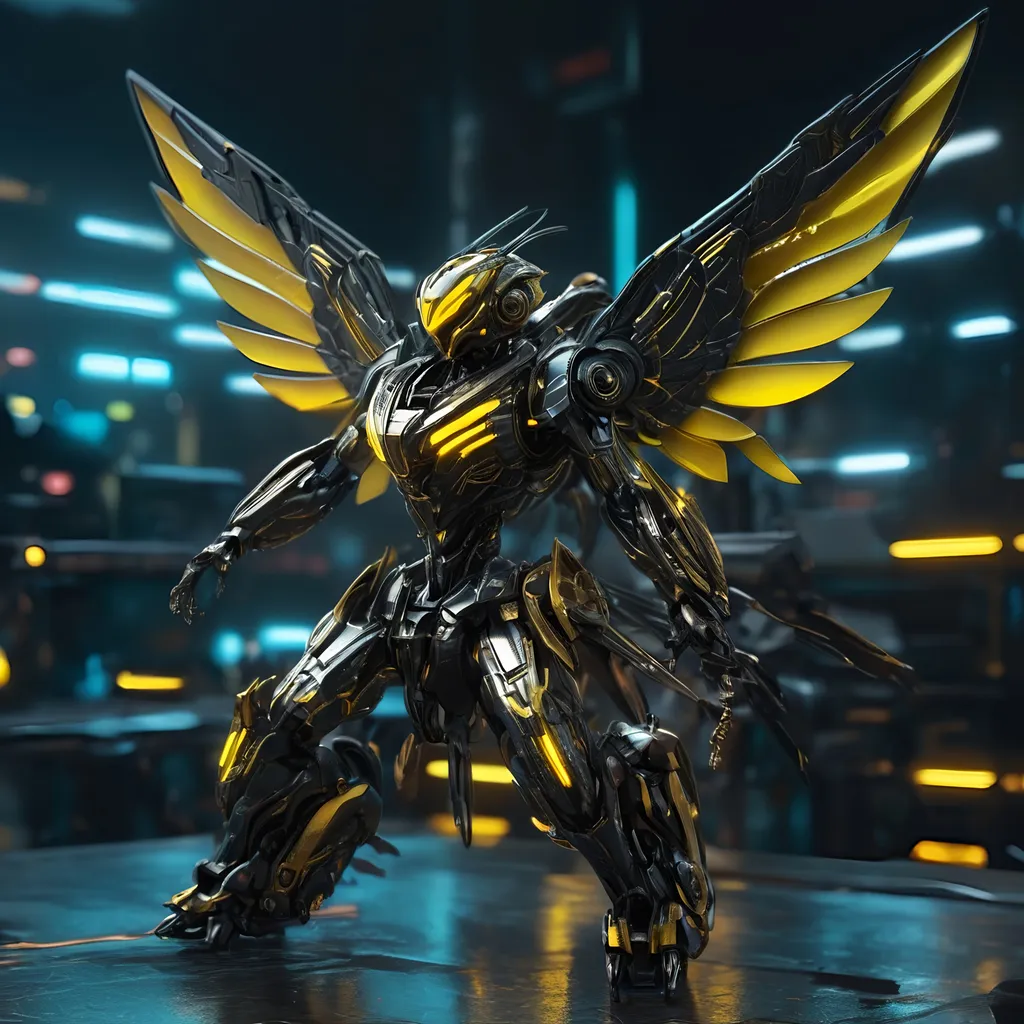 Prompt: Tiny hornet mech, metallic and sleek design, futuristic sci-fi style, detailed mechanical wings, intense yellow and black color scheme, sparkling neon lights, miniature scale, highres, ultra-detailed, sci-fi, futuristic, metallic sheen, mechanical wings, intense color scheme, miniature scale, neon lights, detailed design, professional, atmospheric lighting