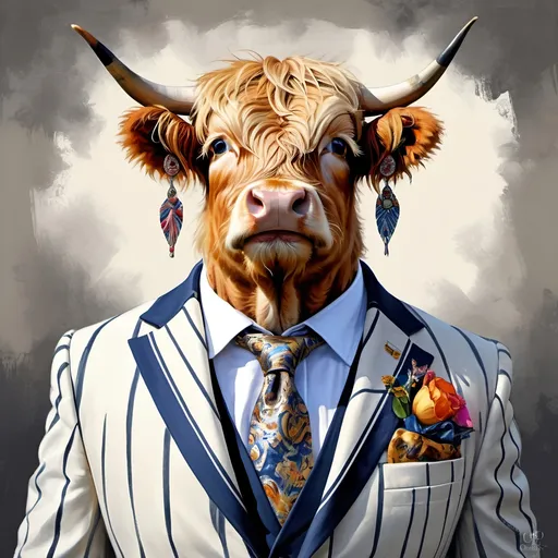 Prompt: a highland cow with big dark-blue eyes is wearing a white tiger striped suit and a colorful rococo fashion tie with a matching pocket scarf, in the style of Andreas Rocha and Paul Hedley, maximum detailed portrait, golden nose ring, silver filigree, elegant, intricate details, rich colors, thick texturized impasto oil paint, high society medieval grunge, elite, haute-couture 