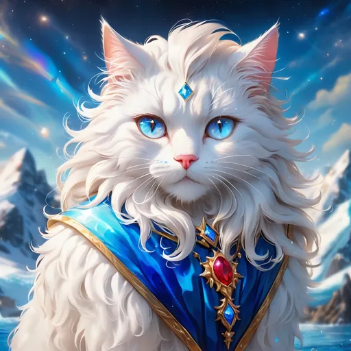 Prompt: wizard cat with {white fur} and {ruby blue eyes}, senior female cat, water element, water, Erin Hunter, gorgeous anime portrait, beautiful cartoon, 2d cartoon, beautiful 8k eyes, elegant {blue fur}, pronounced scar on chest, fine oil painting, modest, gazing at viewer, beaming blue eyes, glistening white fur, low angle view, zoomed out view of character, 64k, hyper detailed, expressive, timid, graceful, beautiful, expansive silky mane, deep starry sky, golden ratio, precise, perfect proportions, vibrant, standing majestically on a tall crystal stone, hyper detailed, complementary colors, UHD, HDR, top quality artwork, beautiful detailed background, unreal 5, artstaion, deviantart, instagram, professional, masterpiece
