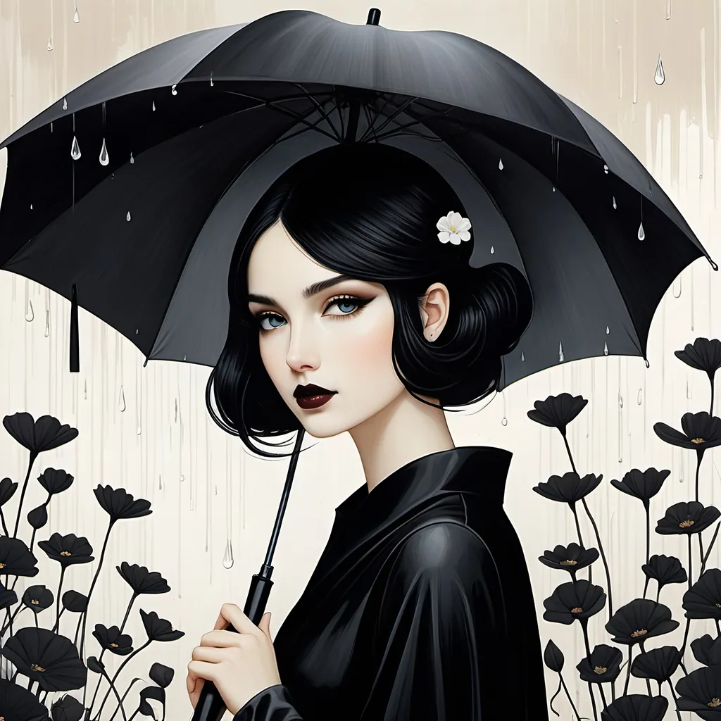 Prompt: illustration of lovely pretty girl holding an umbrella, in the style of surrealist-inspired works, gothic neo-pop surrealism, Hayv Kahraman, Anselm Kiefer, Jamie Heiden, Lotta Jansdotter, dark white and black, rain, metropolis with flowers background , jewelry by painters and sculptors, vienna secession, elegant, emotive faces, bubble goth, subtle playfulness