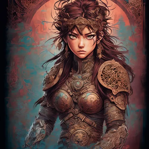 Prompt: strong warrior princess| centered| key visual| intricate| highly detailed| in the style of street art| vibrant| comprehensive cinematic| 