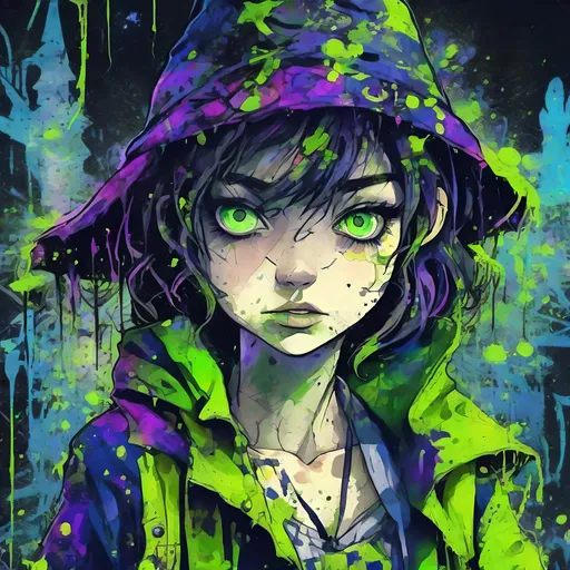 Prompt: Highly Detailed Ink Splatter Grunge, a big acid green eyed witchy cute girl, in a dark castle, Manga style, pretty face, full body, chipped peeling, cracked course, saturated colourful, textured paint, negative-digital, abstract background, graffiti tags, neon blues, intricate background, luminism, ultra detailed, 32k, Fantastic realism complex background, dynamic lighting, lights, digital painting, 3D effect, intricate pose, intricate highly detailed, art by Konstantin Makovsky, Mandy Disher and Victoria Francis
, Broken Glass effect, no background, stunning, something that even doesn't exist, mythical being, energy, molecular, textures, iridescent and luminescent scales, breathtaking beauty, pure perfection, divine presence, unforgettable, impressive, breathtaking beauty, Volumetric light, auras, rays, vivid colors reflects