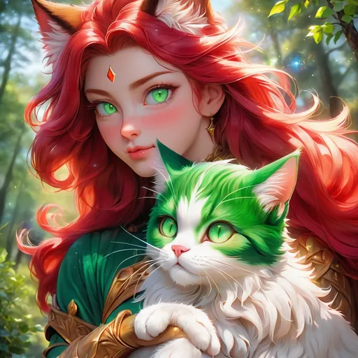 Prompt: warrior cat with {green fur} and {emerald green eyes}, senior female cat, earth element, trees, Erin Hunter, gorgeous anime portrait, beautiful cartoon, 2d cartoon, beautiful 8k eyes, elegant {red fur}, pronounced scar on chest, fine oil painting, modest, gazing at viewer, beaming red eyes, glistening red fur, low angle view, zoomed out view of character, 64k, hyper detailed, expressive, timid, graceful, beautiful, expansive silky mane, deep starry sky, golden ratio, precise, perfect proportions, vibrant, standing majestically on a tall crystal stone, hyper detailed, complementary colors, UHD, HDR, top quality artwork, beautiful detailed background, unreal 5, artstaion, deviantart, instagram, professional, masterpiece