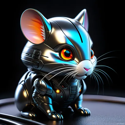 Prompt: Tiny Syrian hamster mech, metallic and sleek design, futuristic sci-fi style, intense grey and black color scheme, sparkling neon lights, miniature scale, highres, ultra-detailed, sci-fi, futuristic, metallic sheen, intense color scheme, miniature scale, neon lights, detailed design, professional, atmospheric lighting