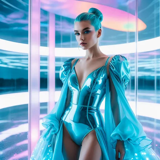 Prompt: another chalcedony balletcore haute couture fashion shoot that is dripping with bright colored lights, carbonated themed, in the style of y2k aesthetic, YlnMn blue, psychedelic surreal minimalism, i can't believe how beautiful this is, snapshot aesthetic, luminous skies, mirrored, Fuji film eterna vivid, Zeiss lens, Canon EOS R7 
