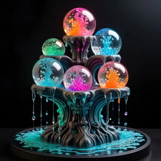 Prompt: Four-way fountain with strange glowing dancing crystal spheres, colorful dripping slime, zen tangle art style, high quality, detailed, glowing crystals, colorful slime, intricate zen tangle art, vibrant, surreal lighting