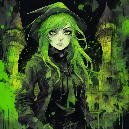 Prompt: Highly Detailed Ink Splatter Grunge, a big acid green eyed witchy cute girl, in a dark castle, Manga style, pretty face, full body, chipped peeling, cracked course, saturated colourful, textured paint, negative-digital, abstract background, intricate background, luminism, ultra detailed, 32k, Fantastic realism complex background, dynamic lighting, lights, digital painting, 3D effect, intricate pose, intricate highly detailed, art by Konstantin Makovsky, Mandy Disher and Victoria Francis
, Broken Glass effect, no background, stunning, something that even doesn't exist, mythical being, energy, molecular, textures, iridescent and luminescent scales, breathtaking beauty, pure perfection, divine presence, unforgettable, impressive, breathtaking beauty, Volumetric light, auras, rays, vivid colors reflects