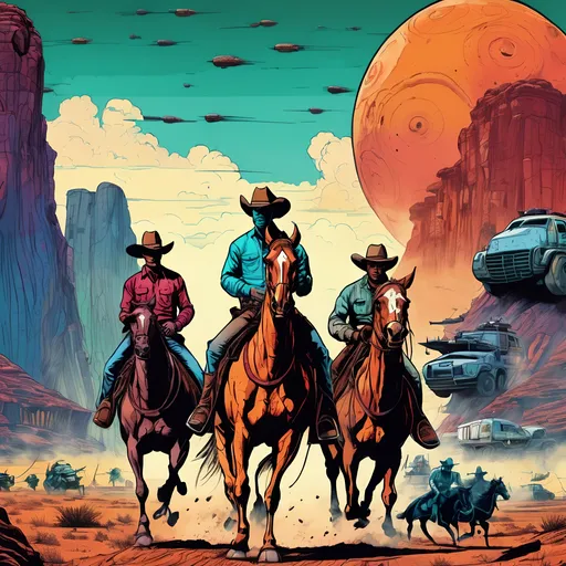 Prompt: Cowboys vs aliens. 
Science Fiction, Retrofuturism, Gore, Cosmic Horror, Fine inking, Clean linework, comic illustration, flat shading, Colour transitions, Maximalism, Beautifully illustrated forms, beautiful background scenery, Warm and cold colour mix, Triadic colour palette, Dark vibrancy, soft lighting, Complexity, Storytelling, Dynamic Poses, High quality, Sharp focus, Tight colour range, Full scene, Filmic, 