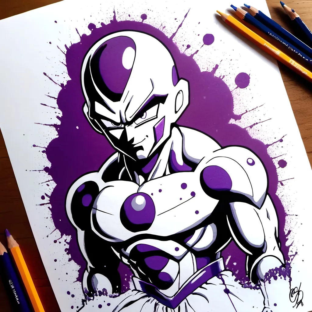 Prompt: splattering sisyphean sketch  of Frieza for dragonball, rohrschach color pencil, 💃🌹, screenprint, holographical dripping ink, etched risograph hatched lines art, art by ChrisWaikikiAI 