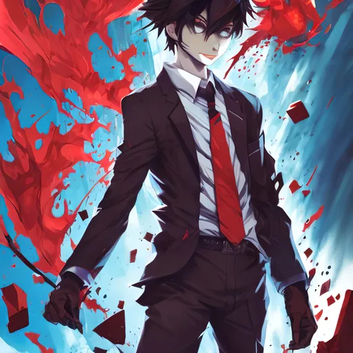 Prompt: shinji samadani an anime character wearing a suit, in the style of color splash, red and azure, klaus pillon, auto-destructive art, womancore, light brown and light black, trashcore --ar 45:64 --v 6.0