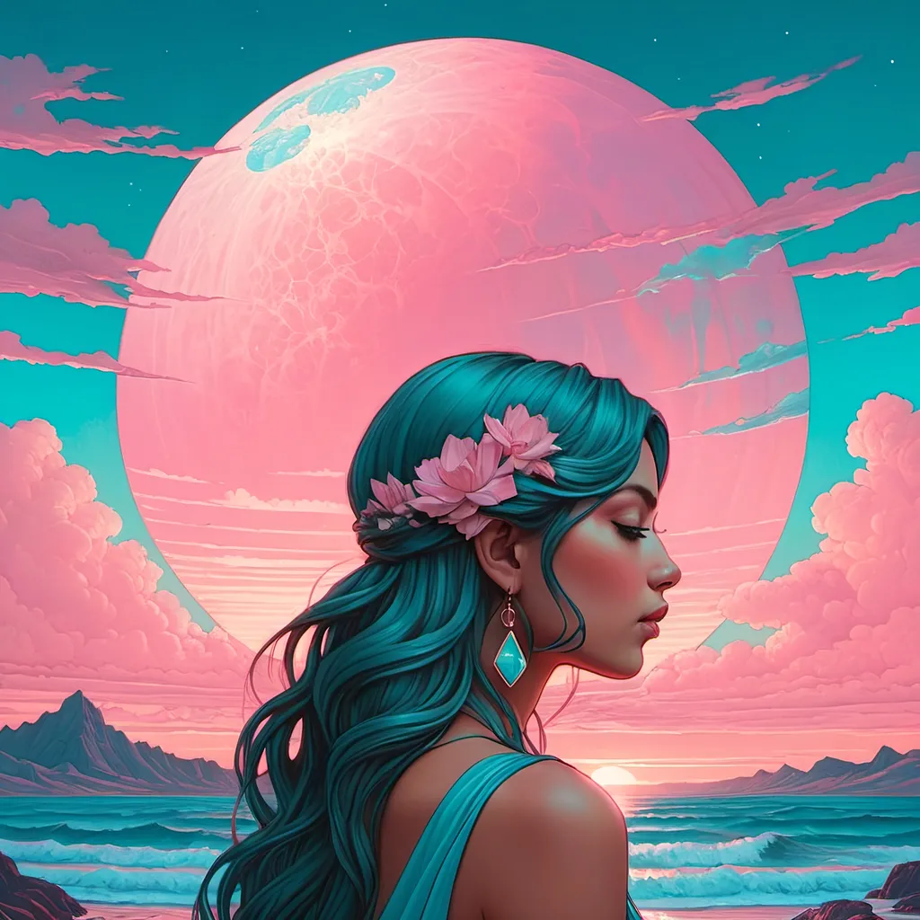 Prompt: muted pink sky and blue aqua sisyphean miracle minimalist emotionally impactful beauty in a surreal pop art style whispering in quirky fun casey weldon mucha davinci and guweiz illustration painting