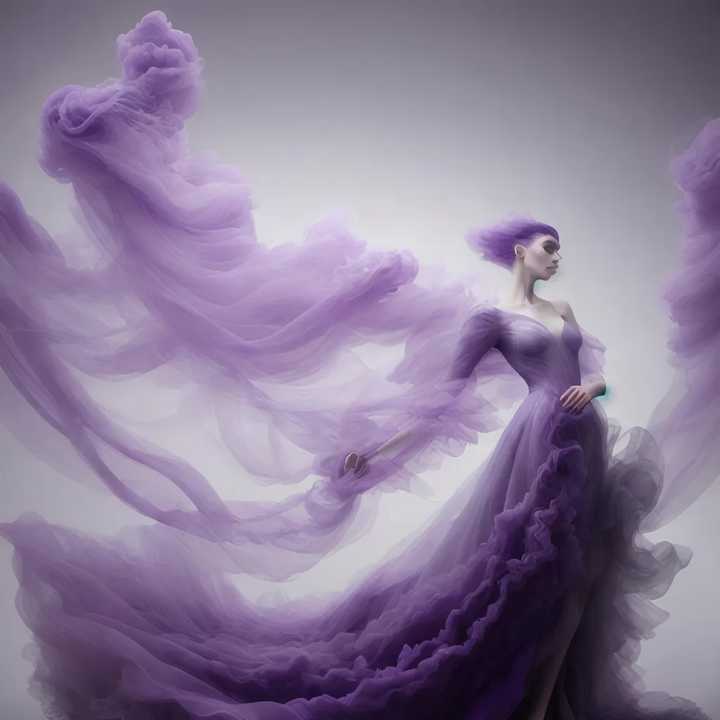 Prompt: model wearing a dress made of purple smoke and fog, futuristic dress by cibeta, in the style of samantha keely smith, yanjun cheng, rosalba carriera, weathercore, white and gray, mythical, vorticism