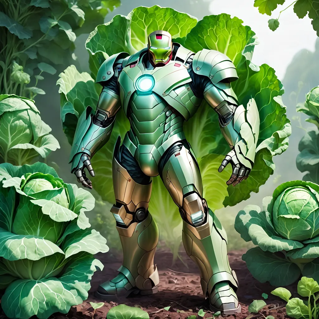 Prompt: Light green Iron Man suit that seems made of cabbage leaves Overgrown iron plant