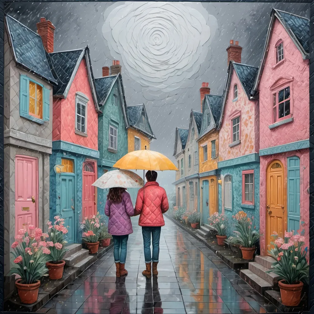 Prompt: waiting for you in the rain He will return like in a dream Bad dream Will let us be close to each other But the dream flew away His heart changed Only you are left with your ambiguous love , in the style of hot vs cold folk art-inspired isometric , bold patterned quilts, pastel colours, bloomcore, mixes painting and ceramics, precise, detailed architecture paintings, cute and dreamy, illustration by Olivia Gibbs, Francois boucher, Animorphia - Kerby Rosanes, Victoria Ball, ugly sweater patchwork 