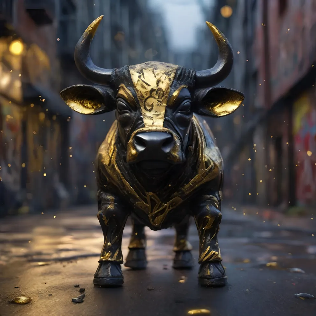 Prompt: A black and gold translucent dwarf bull humanoid made of black metal, graffiti all over it, standing up in the ghetto, highly detailed painting, photorealistic, sparkles, magical atmosphere, 8k