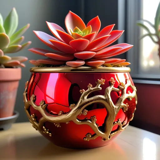 Prompt: Big Red quartz and metallic gold pot filled with neon red succulent, shiny metallic surface, vibrant red and gold colors, intricate vine patterns, high quality, detailed, luxurious, elegant, realistic, warm lighting