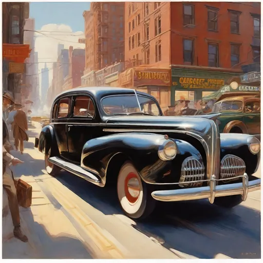 Prompt: 1940s, New York City, car chase, sunny weather, warm atmosphere, cartoony style, extremely detailed painting by Greg Rutkowski and by Henry Justice Ford and by Steve Henderson