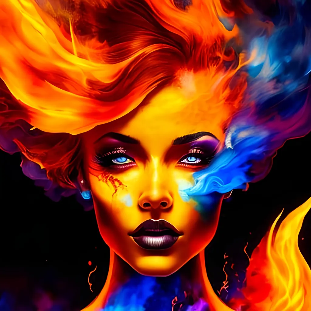 Prompt: a half body portrait of a woman as made of fire, dark orange hair depicting like fiery flames, orange and blue flame, dark smoke in the backgrouns, fiery sparks all over, D&D, Diablo, natural body posture, lava, Art by Alberto Seveso, symmetrical, abstract artstyle, intricate complex watercolor painting, sharp eyes, digital painting, color explosion, concept art, voluminetric lighting, metallic reflections, by TanvirTamim, 2d render, 8k. by artgerm, trending on artstation