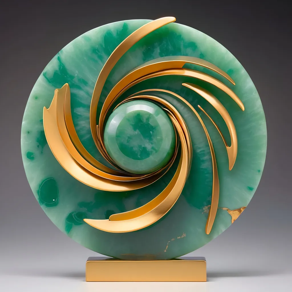 Prompt: abstract metal  tabletop sculpture, jade and gold, bright solid colored background