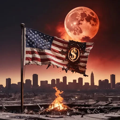 Prompt: A burning american tattered flag with dollar signs where the stars should be. The landscape is of a deserted city that is beginning to crumble. The Sky is a blood red and int the background the moon can be seen, smashed to bits.
