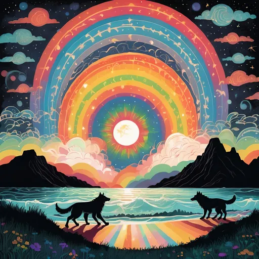 Prompt: fenrir over bifrost, in the style of 🌈 , folk-inspired illustrations, luminescent lightscapes, repeating pattern, celestialpunk, suffolk coast views, balinese 