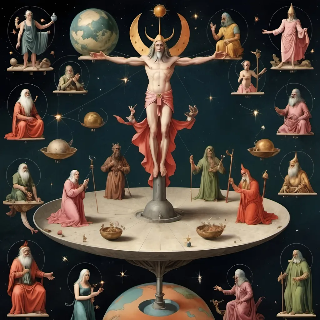 Prompt: All different mythological gods and religion gods on a thin platform in space welcoming me happily, they explained I was one of them but sacrificed my godhood so they could exist in myths and fables, Bosch style