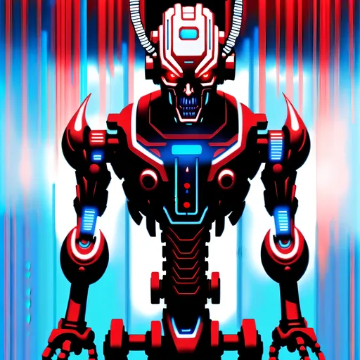 Prompt: Cybernetic robotic demon mist, red and blue lines. Make the background the bronx.
