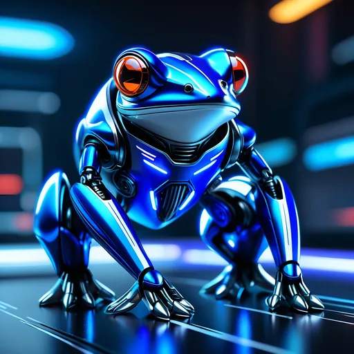 Prompt: Tiny frog mech, metallic and sleek design, futuristic sci-fi style, intense royal blue and white color scheme, sparkling neon lights, miniature scale, highres, ultra-detailed, sci-fi, futuristic, metallic sheen, intense color scheme, miniature scale, neon lights, detailed design, professional, atmospheric lighting