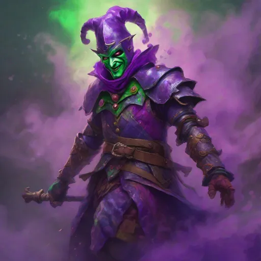 Prompt: A jester knight, colorful armor, unsettlingly strange, casting a spell, strange multicolored energy, dungeons and dragons, depth of field focused on the knight, covered in Purple and green smoke.