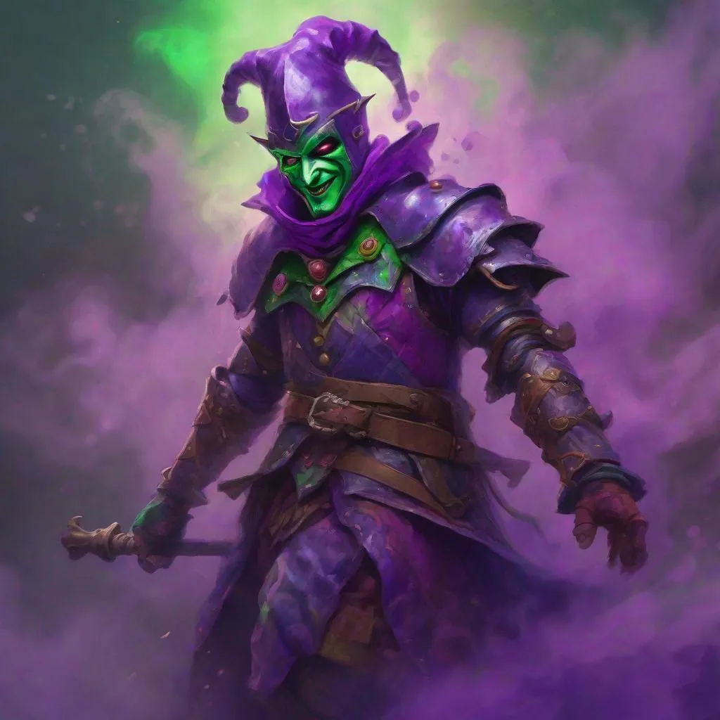 Prompt: A jester knight, colorful armor, unsettlingly strange, casting a spell, strange multicolored energy, dungeons and dragons, depth of field focused on the knight, covered in Purple and green smoke.