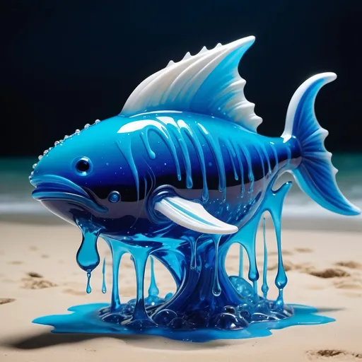 Prompt: A behemoth made of vivid blue water with white bubbles within and has fins and dripping with blue slime, background night beach, in vibrant glass art style