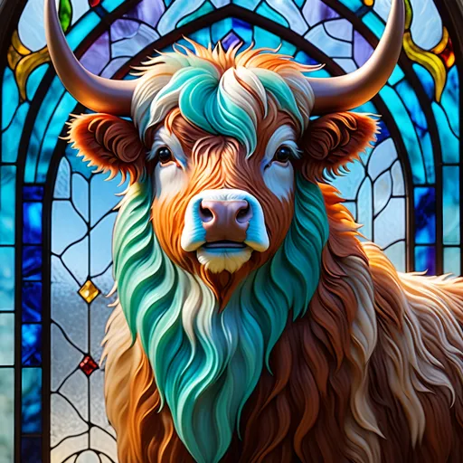 Prompt: Mini Highland cow in chalcedony stained glass 3D portraiture, intricate details, vibrant colors, high quality, 3D rendering, stained glass, mini highland cow, chalcedony, detailed fur, 3D portraiture, realistic, vibrant hues, professional lighting