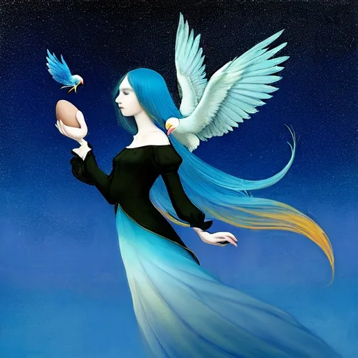 Prompt: In style of christian Schloe and daria Petrilli, a giant colorful bird flying with a beautiful cute girl with a very long and wild  ombre gradient blue hair on its back in a beautiful starry sky. Craquelure, egg tempera effect, Naive art, extremely detailed, optical illusion, oil painting 