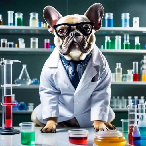 Prompt: <mymodel>French Bulldog synthesizing chemicals in a lab coat in a laboratory setting.