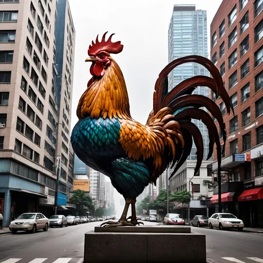 Prompt: Giant Rooster Looming over a city block.