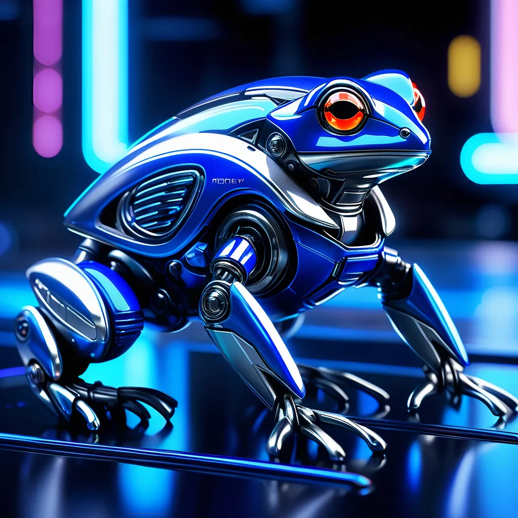 Prompt: Tiny frog mech, metallic and sleek design, futuristic sci-fi style, intense royal blue and white color scheme, sparkling neon lights, miniature scale, highres, ultra-detailed, sci-fi, futuristic, metallic sheen, intense color scheme, miniature scale, neon lights, detailed design, professional, atmospheric lighting