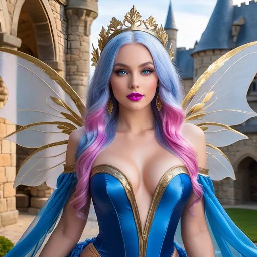 Prompt: Beautiful buxom Fairie princess with gossamer wings, age 18, intricate facial details, long blue hair, blue-eyed, light makeup, fuscia lipstick, prominent cheekbones, pink & gold silk bodysuit, buxom figure:2.0, standing in the courtyard of a stone castle, 8K photo, realistic full body shot, detailed features, professional, warm lighting