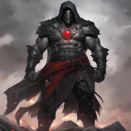 Prompt: Tall, Intimidating, Large, male, Solomon Grundy/goliath D&D build, black hair,  very dark grey scarred skin, covered in bandages, dark tattered cloth armor exposes his midriff, hood of magical darkness that completely shrouds his face with a mask of darkness, large red gem between pecs in chest, Path of the Zealot Barbarian, Strong, wielding large two-handed great-axe, Fantasy setting, D&D, Dead clerics around him, undead, zombie